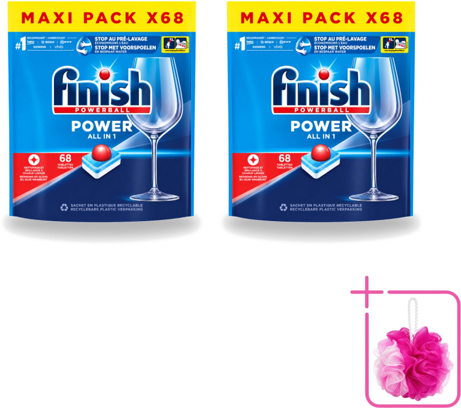 2 x Finish Powerball - Power All in 1 - Vaatwastabletten - Reiniging & Glans - 68 Tabletten - Bulkverpakking - Vaatwastabletten - Douchemop - Vaatwasmiddel
