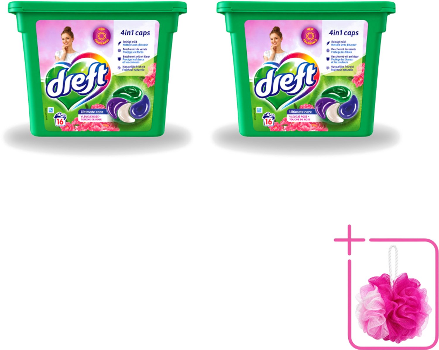 2 x Dreft - Wasmiddelcapsules 4in1 - Witte en Gekleurde Was - Vleugje Roze - 16 Wasbeurten - Bulkverpakking - Wasmiddelcapsules - Douchemop - Was