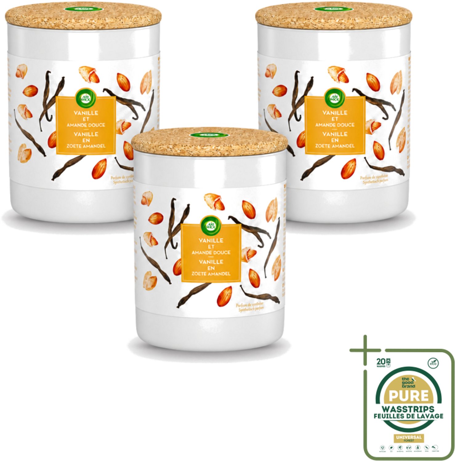 Air Wick 3 x Air Wick - Geurkaars - Vanille & Zoete Amandel - 35 Uur Brandduur - Wasstrips - Geurkaars - Vanille - Amandel - Warme Geur - Sfeer Oranje