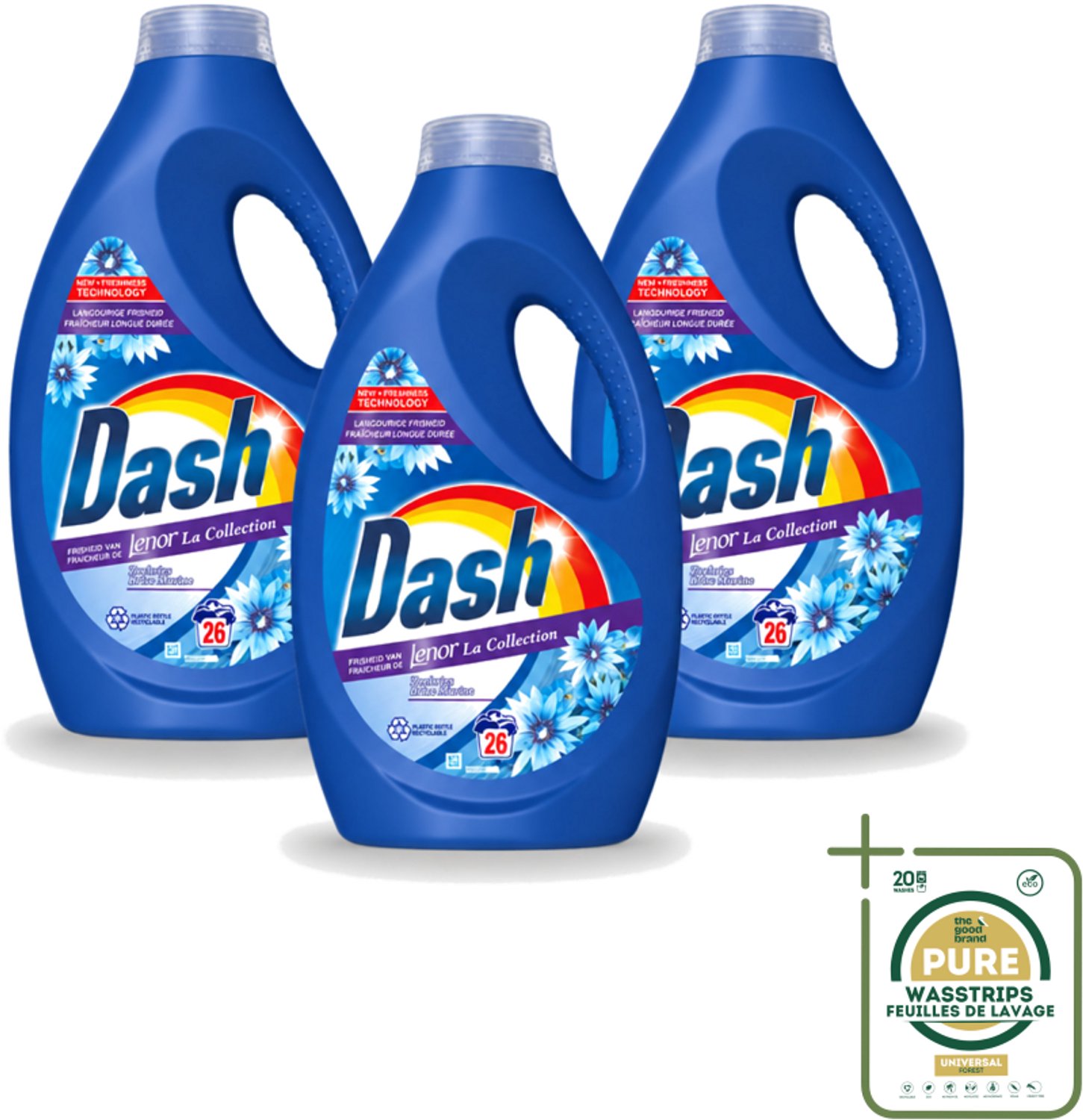 3 x Dash - Lenor Collectie - Vloeibaar Wasmiddel - Witte en Gekleurde Was - Zeebries - 26 Wasbeurten - Wasstrips - Wasmiddel - Was - Wasmiddel Zeebries - Wasmiddel Frisheid - Wasmiddel Wit