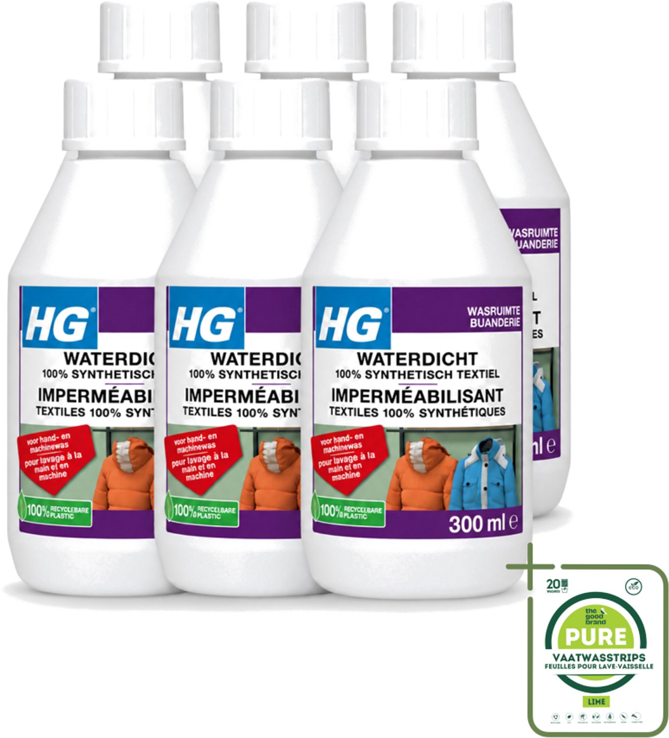 6 x HG - Wasruimte - Waterdicht 100% Synthetisch Textiel - Voor Hand & Machine Was - 300 ml - Grootverpakking - Waterdicht Textiel - Vuilafstotend Textiel - Synthetisch Textiel Behandelen - Regenkleding Waterdicht Maken - Ski Kleding Waterdicht