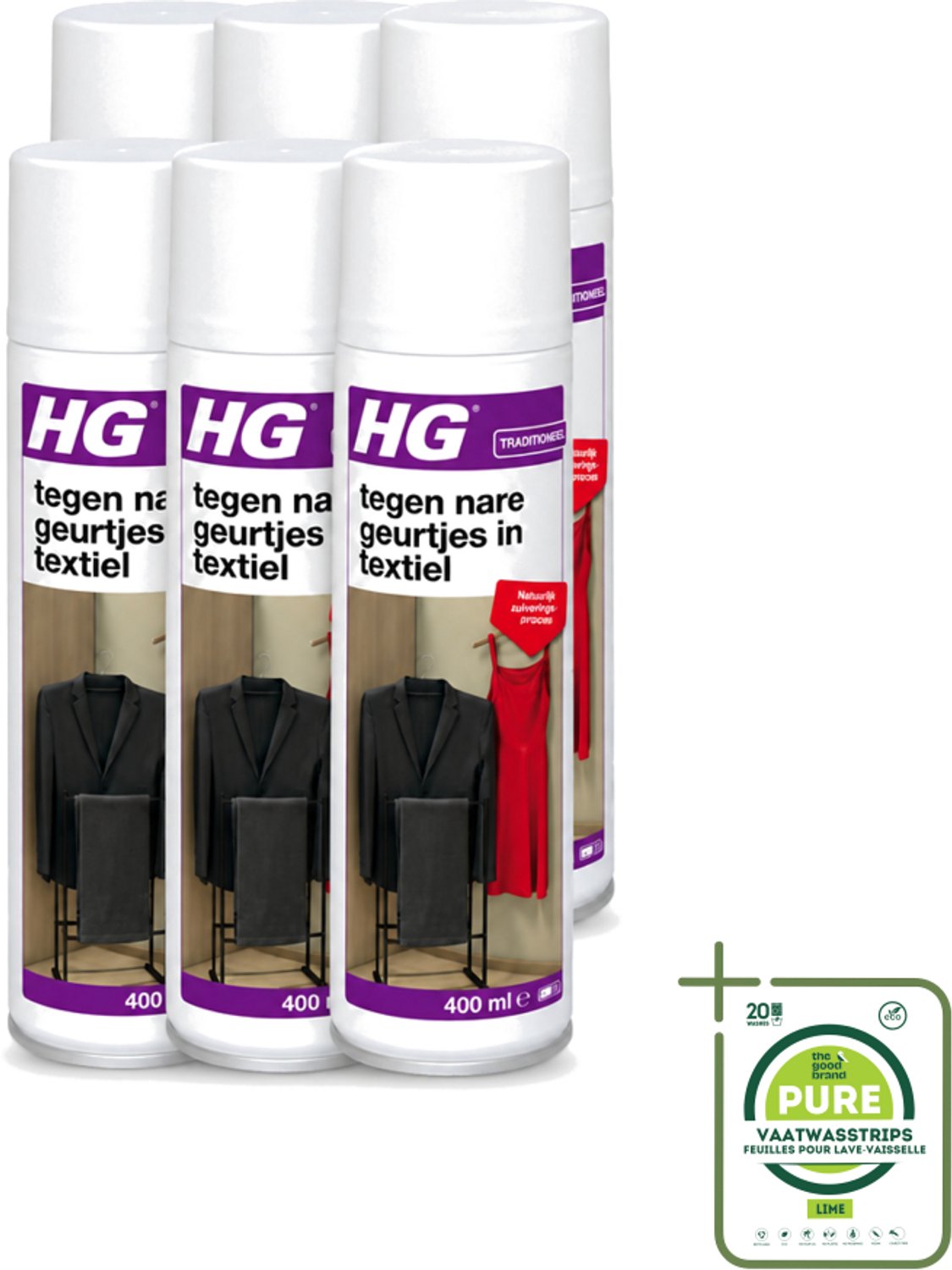 6 x HG - Tegen Nare Geurtjes In Textiel - Natuurlijk Zuiveringsproces - Veilig Voor Alle Textiel - 400 ml - Grootverpakking - Vaatwasstrips - Geurverwijdering Textiel - Stankmoleculen Oplossen - Textiel Reinigen - Geur In Kleding - Geur In Gordijnen