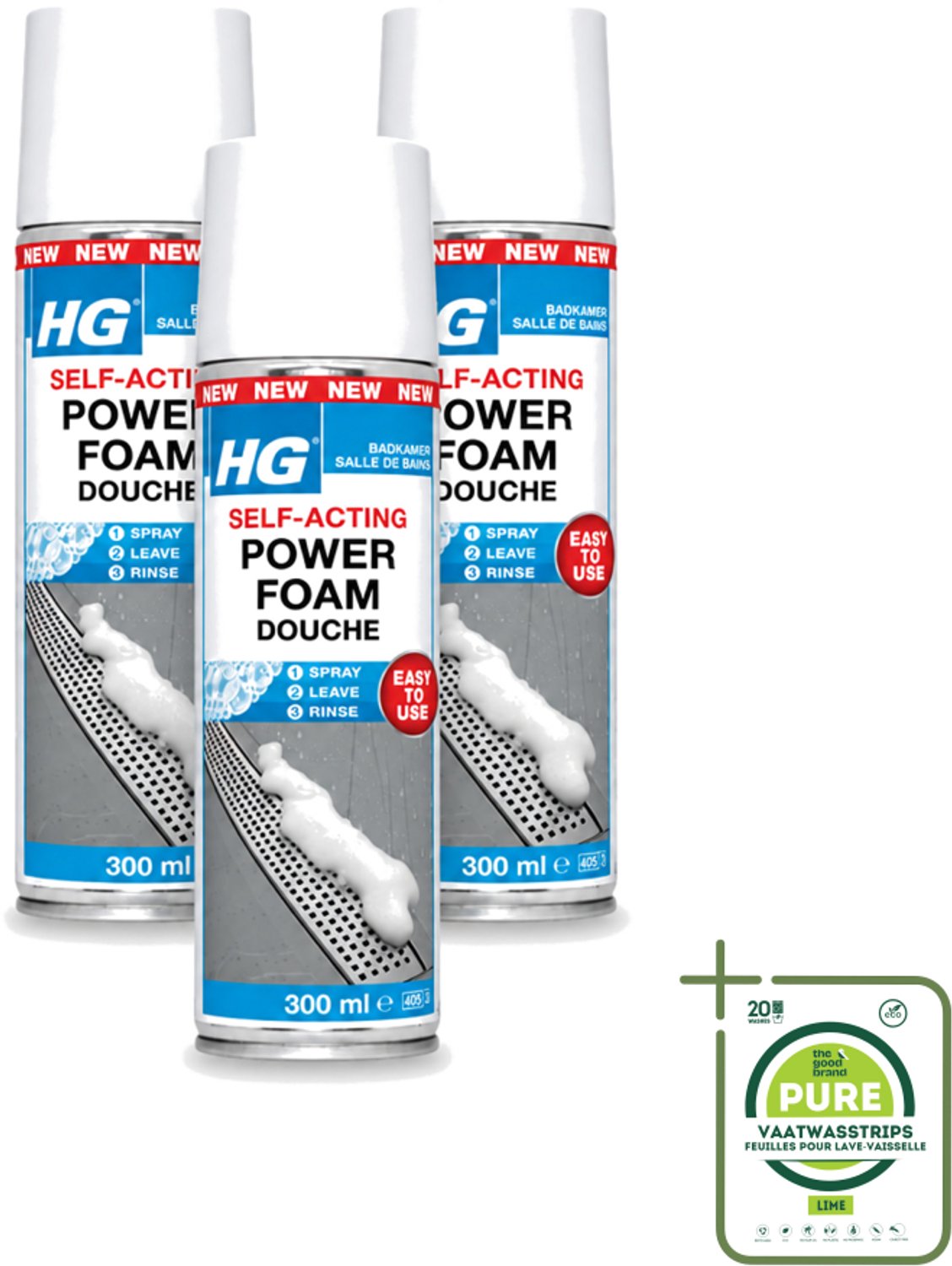 3 x HG - Badkamer - Badkamerreiniger - Power Foam Douche - Zelf-Activerend - 300 ml - Grootverpakking - Vaatwasstrips - Badkamerreiniger - Schuimreiniger - Zelf-activerend Schuim - Douche Reinigen - Kalkaanslag Verwijderen