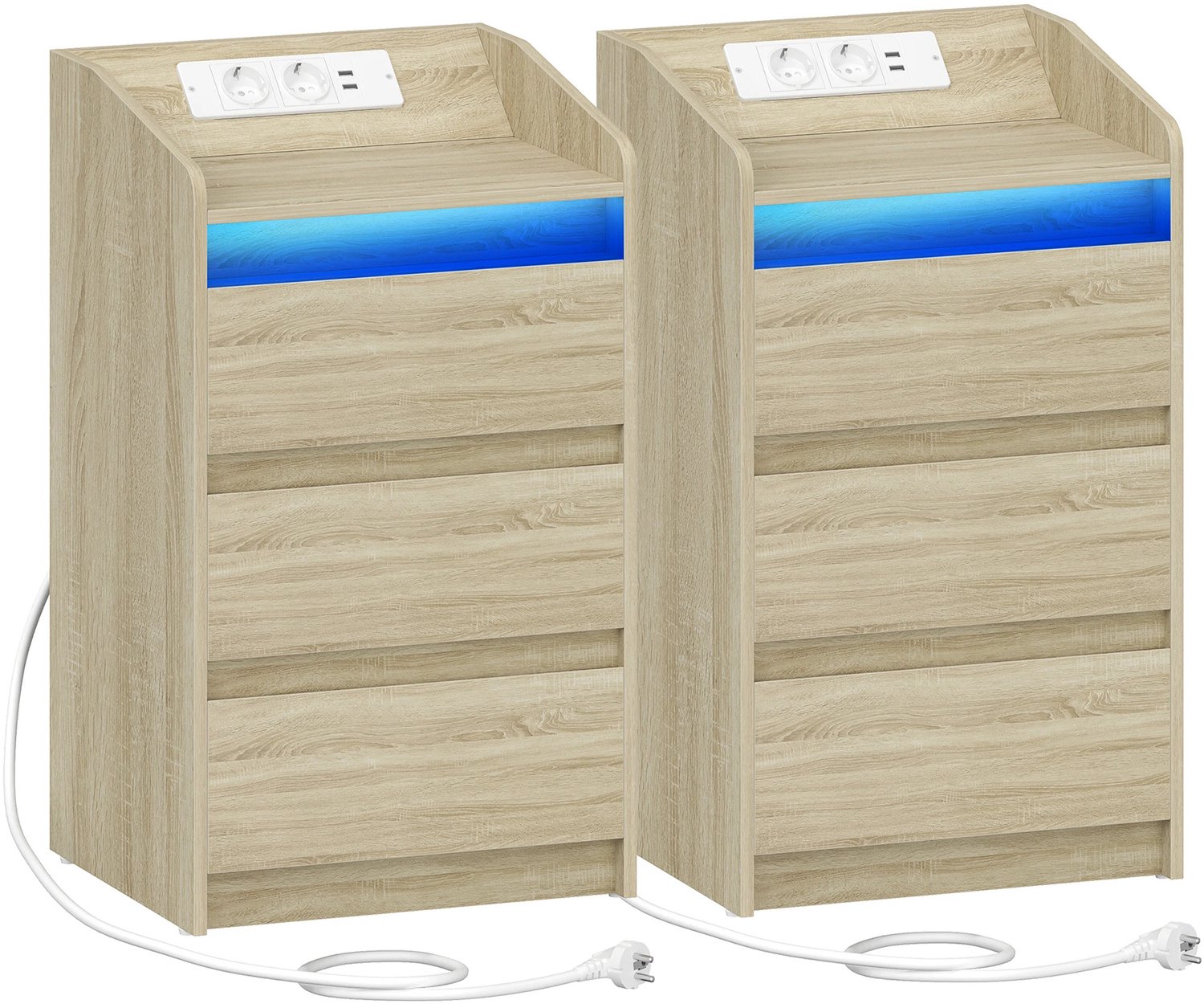 Gudalio Nachtkastje - Set van 2 - Kast - Bijzettafel - Nachttafel - LED - Oplaadstation - USB - 3 Lades - 40 x 68 x 35 cm - Wit