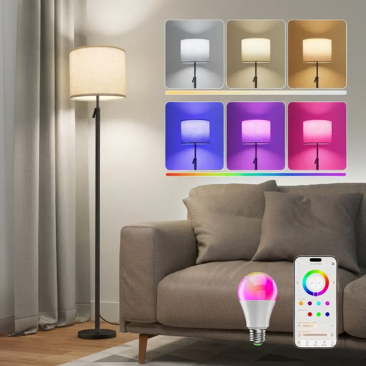 Lopoleis® RGB Vloerlamp – LED Staande Smart Lamp voor Woonkamer & Slaapkamer – 4 Lichtsterktes – Dimbare RGB+CCT hoeklamp met APP – 150 tot 175 cm Zwart