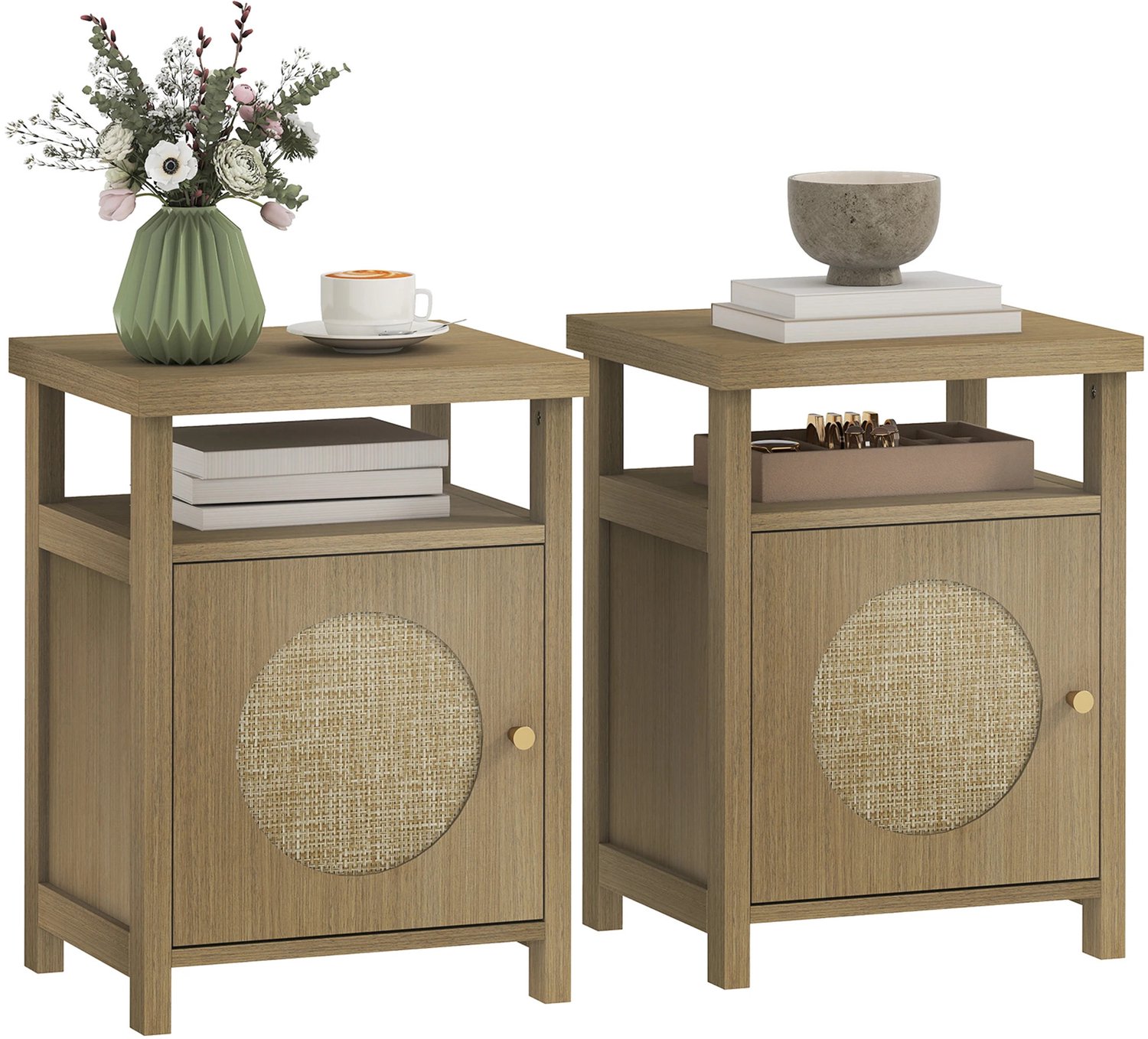 Gudalio Nachtkastje - Set van 2 - Kast - Bijzettafel - Nachttafel - Open vak - Kastdeur - 40 x 55 x 35 cm - Rotan - Bruin