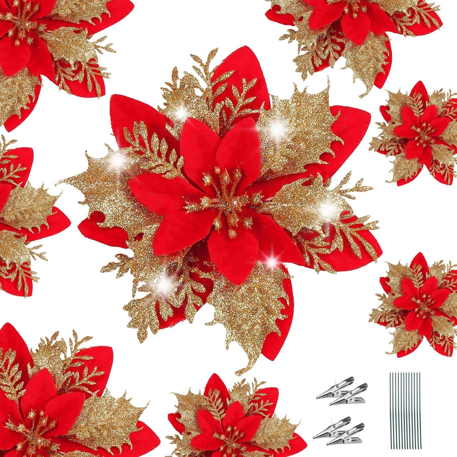 Glitter Kunstmatige Kerstster Bloemen - Goud Rood - 14 cm - Met Clips en Stelen - Voor Kerstdecoratie en Feestelijke Gelegenheden