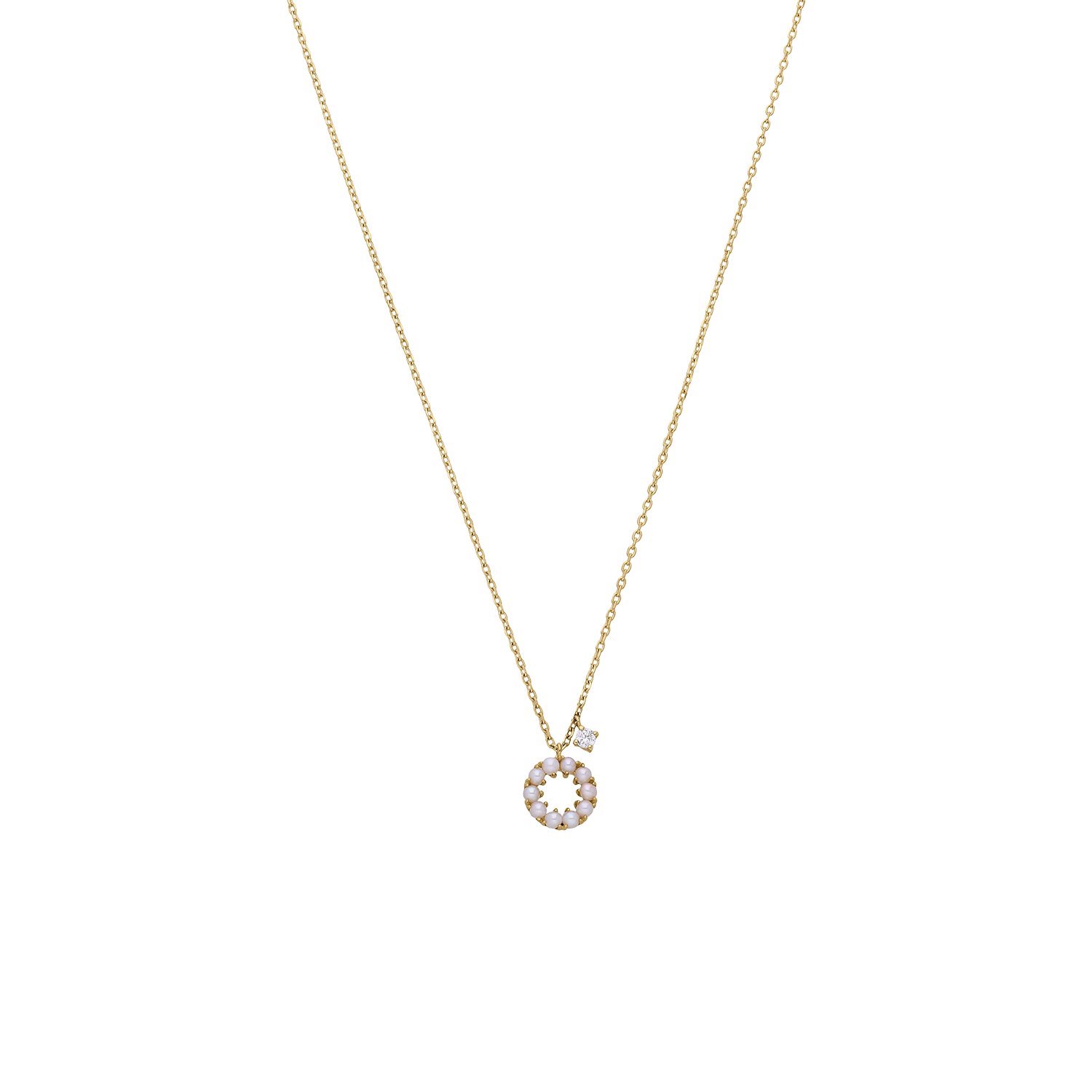 Lucardi Dames 14 karaat gouden ketting met zirkonia en zoetwaterparel - Ketting - 14 Karaat Goud - Goud - 45 cm