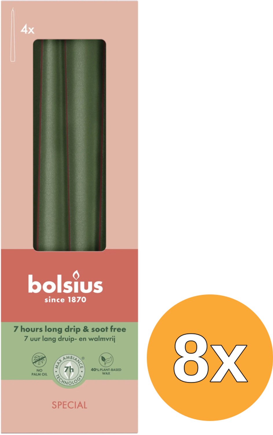 8x Bolsius Gotische kaarsen 245/24 doos 4 metallic Green (4 stuks)
