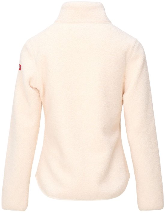 Achterkant van een crème-kleurig Nordberg fleece jack met opstaande kraag en een klein Noors vlaggetje op de mouw.