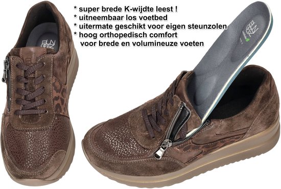 Bruine suède sneakers met leopard print en rits. Losse binnenzool.