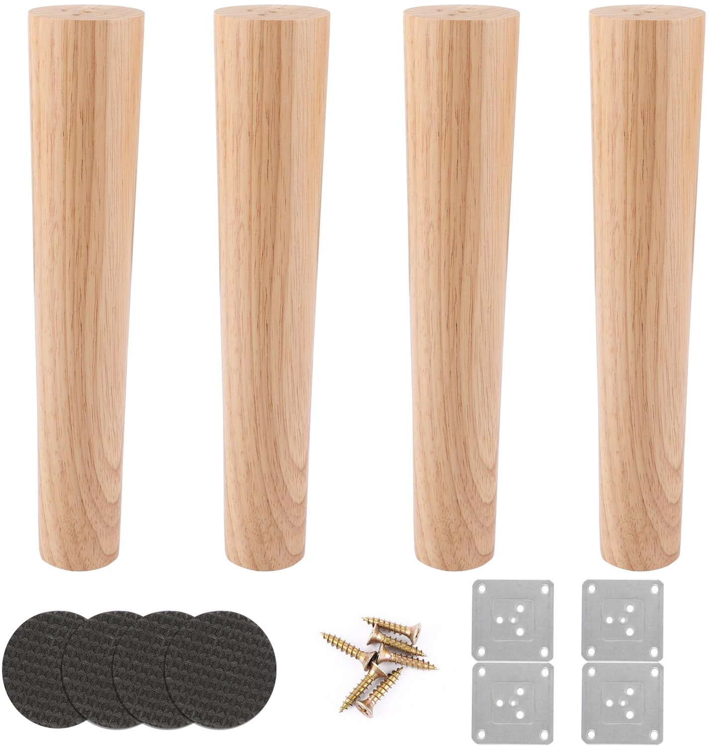 AKOLAFE 4 stuks ronde meubelpoten van eikenhout, 25 cm, robuuste meubelpoten met montageplaten en schroeven voor meubels, hout, voor bank, bed, kast,