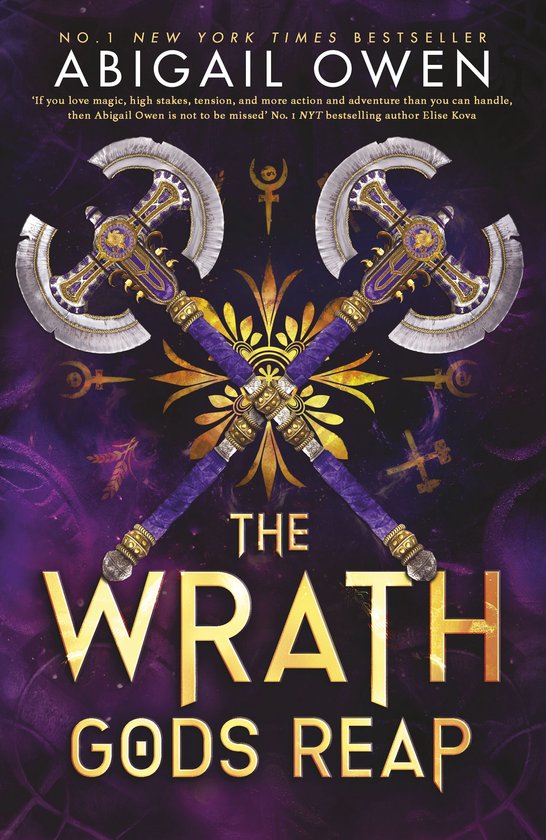 Couverture du livre : 'The Wrath Gods Reap' avec deux haches de combat croisées, poignées violettes et ornements dorés sur fond violet avec des décorations dorées.