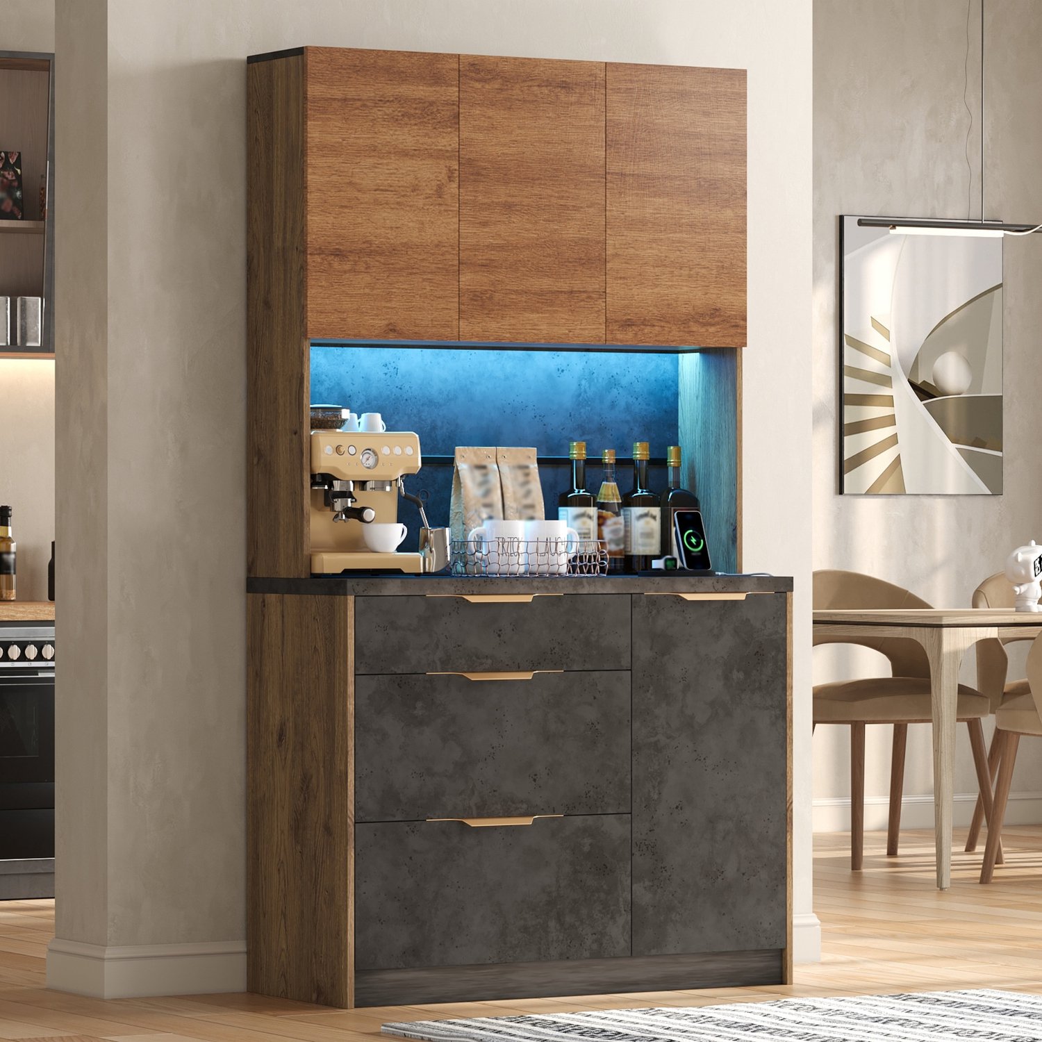 Keukenkast Hoge Buffetkast 100x40x180 cm - Opbergruimte - LED-verlichting - Stopcontacten - 2 USB-poorten - 4 Deuren - 3 Laden - Moderne Houtlook