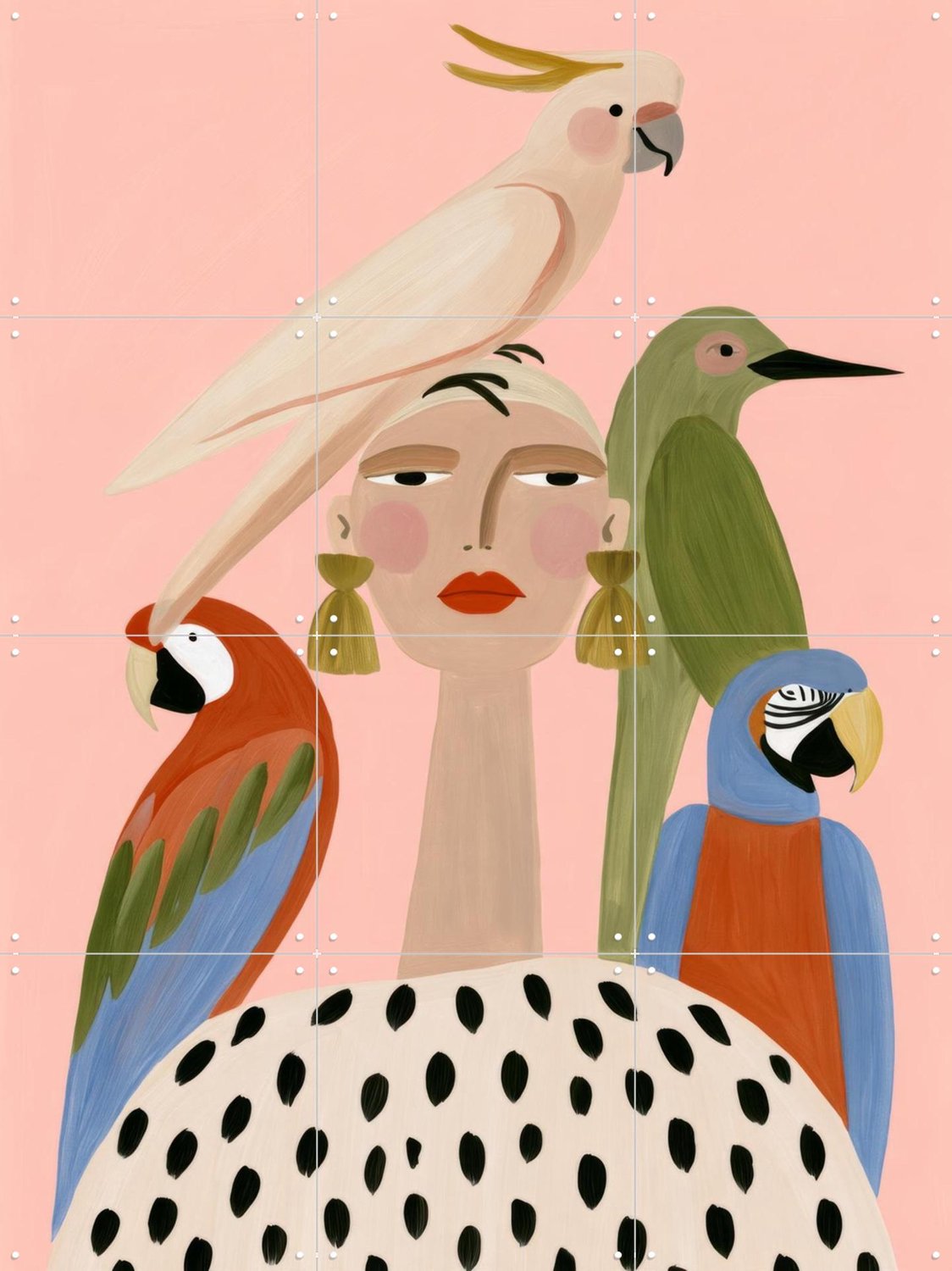 IXXI Feathered Friends, Atelier Pommeline - 60 x 80 cm - Grote wanddecoratie en posters - Kleurrijk, Modern, Cartoonesk, Slaapkamer, Gang, Dieren Beige / Roze