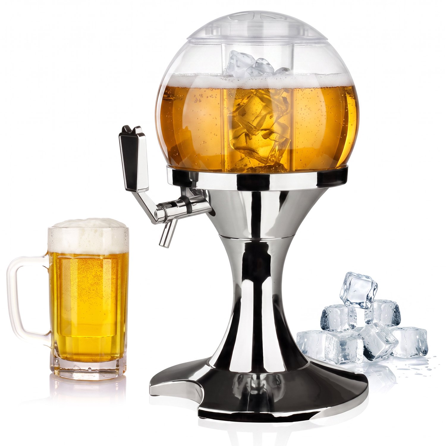 Bolvormige drankdispenser met tapkraan - Tafelmodel - 3,5 liter - Apart ijscompartiment - Metaal, ABS en kunststof - Voor bier, limonade, sap en cocktails - Zilver - Ideaal voor Feestjes of BBQ - Biertoren