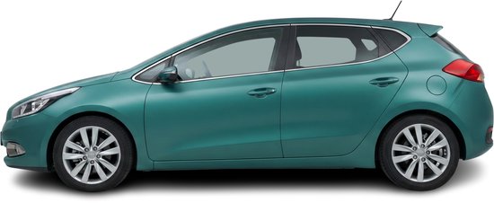 Zij-aanzicht van een teal Kia Ceed 5-deurs auto met lichtmetalen velgen.