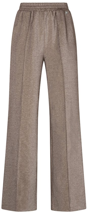 Voorzijde van een glinsterende bruine wijde broek met een elastische tailleband en verticale naden.