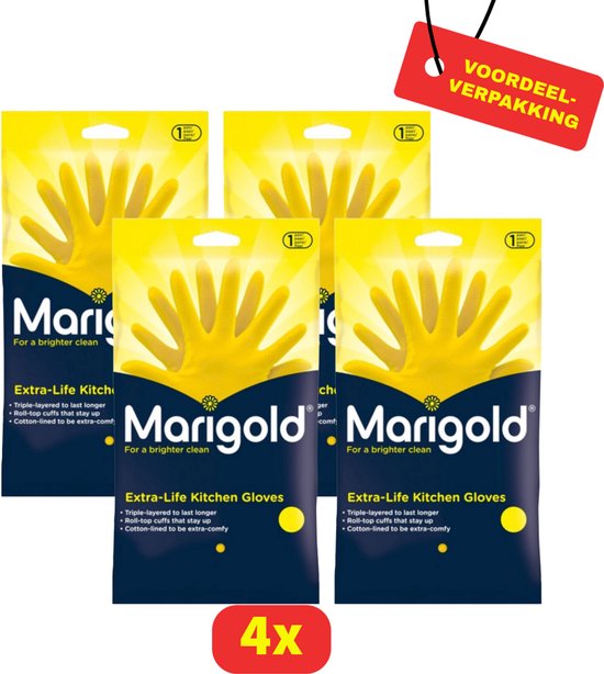 Voordeelverpakking met 4 verpakkingen gele Marigold Extra-Life keukenhandschoenen.