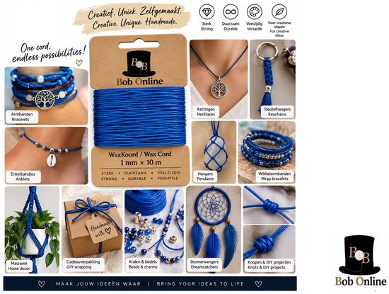 Blauw waxkoord van Bob Online, met voorbeelden van sieraden, macramé, dromenvangers en knopen.