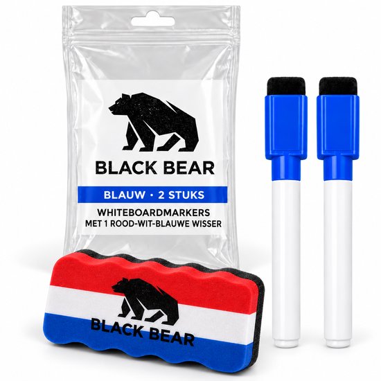 Set van 2 blauwe whiteboardmarkers en een rood-wit-blauwe wisser in een verpakking.