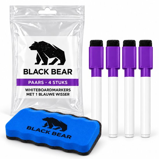 Set van 4 paarse whiteboardmarkers en een blauwe wisser in verpakking.