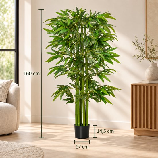 Luxevo Kunstbamboe 160 cm – Kunstplant Bamboe – Realistische Bladeren – Zwarte Pot – Groen