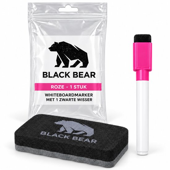 Verpakking met één roze BlackBear whiteboardmarker en een zwarte wisser met logo.