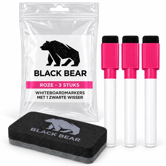 Drie roze whiteboardmarkers in verpakking met zwarte Black Bear wisser.
