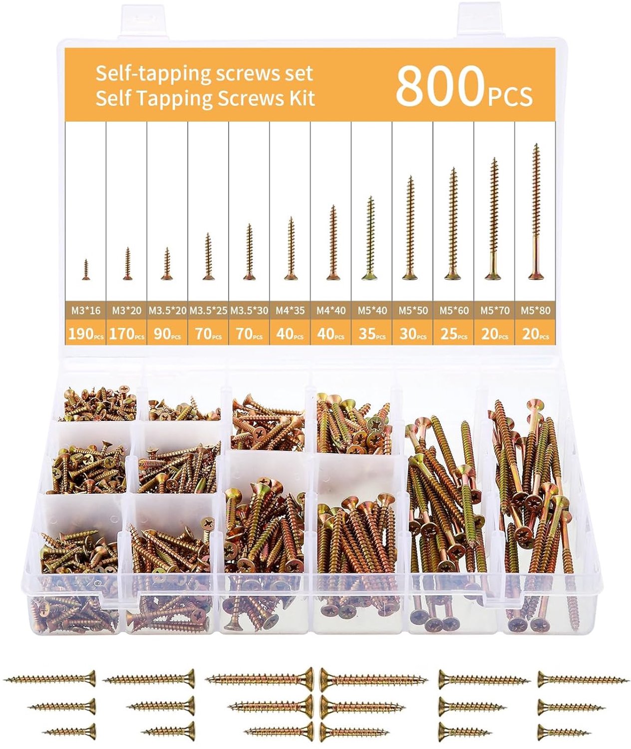 SnelShoppen - 800 Pcs Houtschroeven, Zelftappende Schroeven met Verzonken Kop, Phillips, Hard Staal, Roestvrij, Voor Binnen en Buiten, Gekleurde Zinka