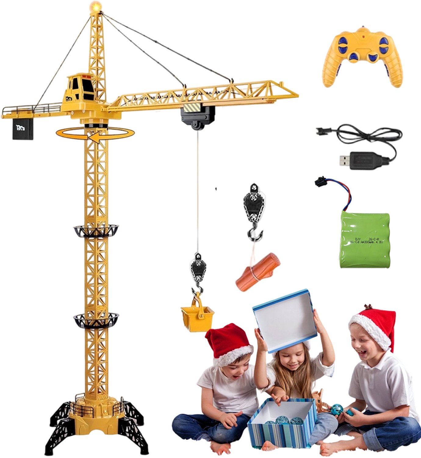 RC Constructie Kraan - Kinder Hijskraan - Grote Bouwkraan - Speelgoed Bouwvoertuigen - Bestuurbare Torenkraan - 6 Kanalen - 680° Draaibaar - 3 Instelbare Hoogtes - 2,4 GHz Afstandsbediening - Voor Kinderen Vanaf 3 Jaar