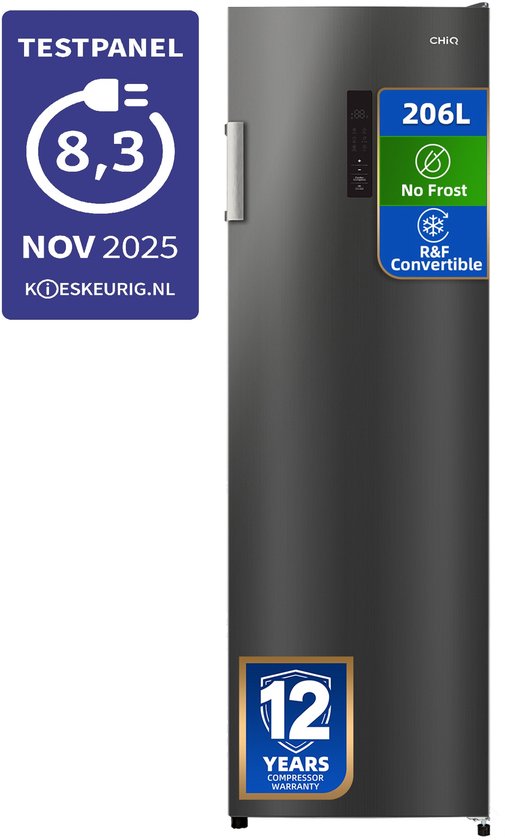 Zwarte CHiQ vriezer van 206L met digitaal display, No Frost, R&F convertible en 12 jaar compressor garantie.