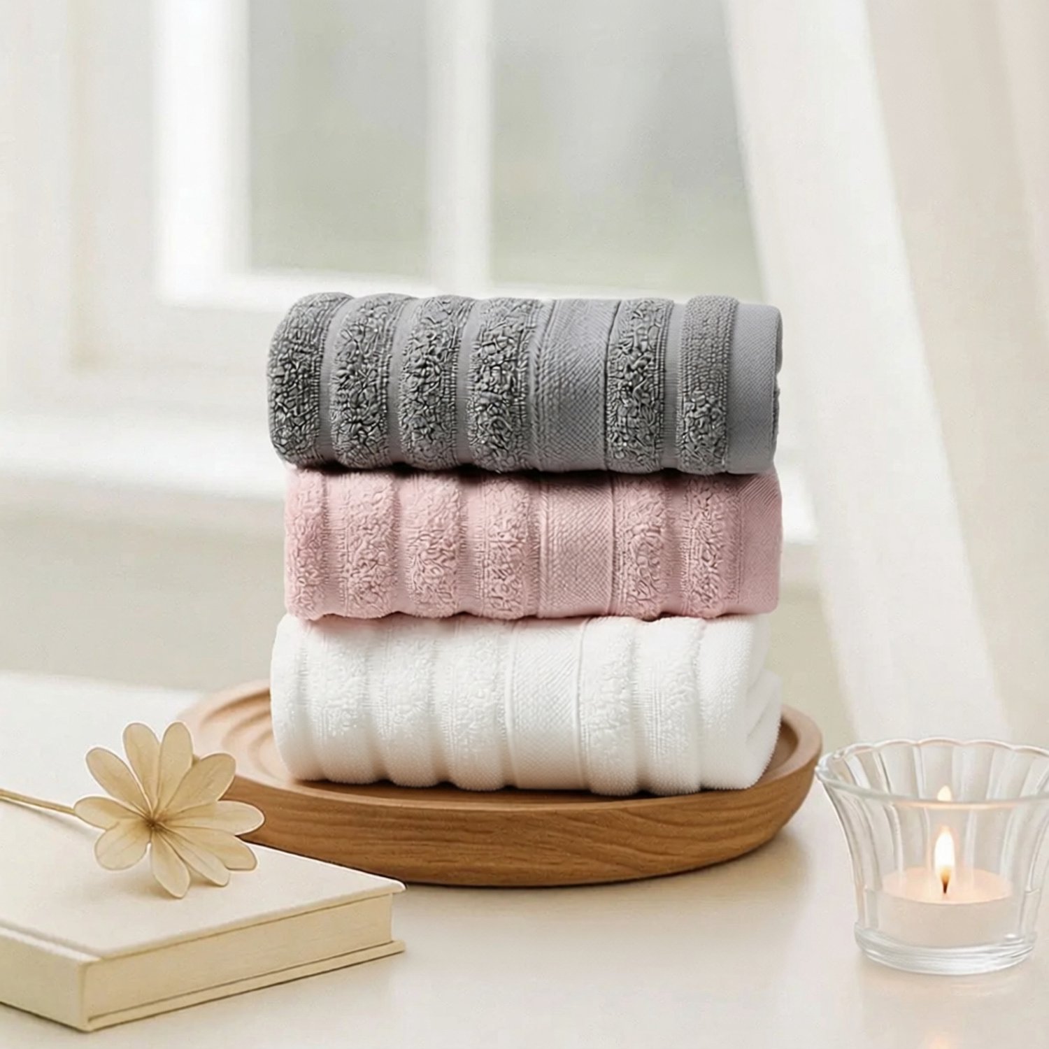 ZOQENX 3-delige badstof handdoekenset 100% katoen 35x75 cm grijs roze wit