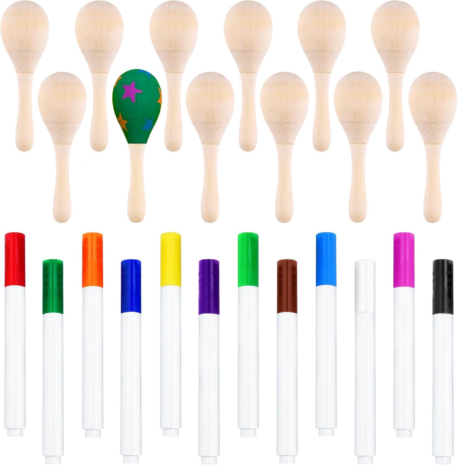 SnelShoppen - 12Pcs Mini Houten Maracas voor Kinderen met 12 Kleurrijke Acrylverf Penselen - DIY Muziek Speelgoed voor Feesten, Creatieve Activiteiten