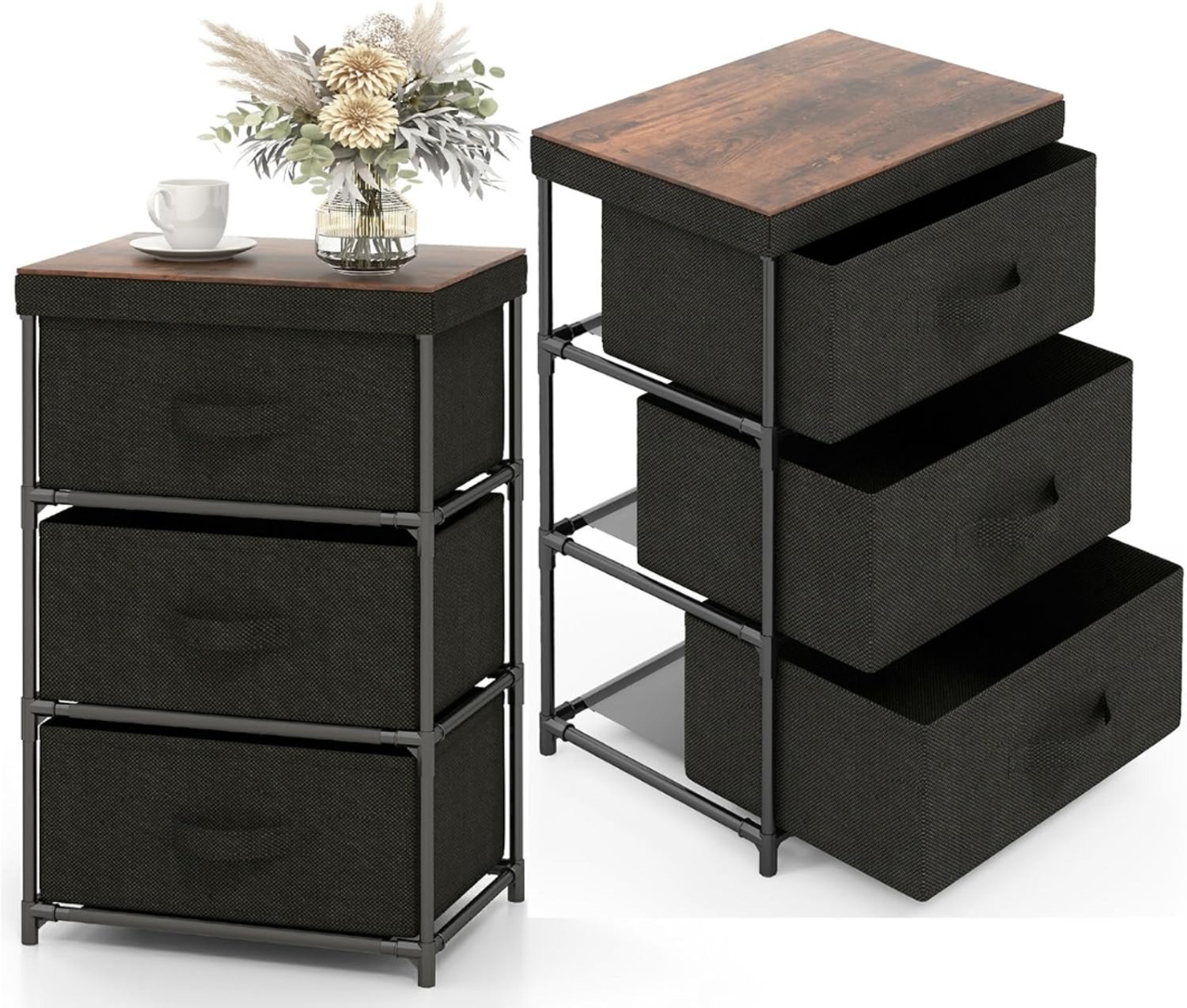 SNJY® Ladenkastje - Ladeblok - Ladekast - Nachtkastje - 3 Laden - 2 Stuks - 30D x 40B x 62H cm - Zwart