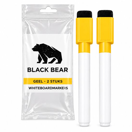 Twee gele Black Bear whiteboardmarkers naast een plastic verpakking met het merklogo.