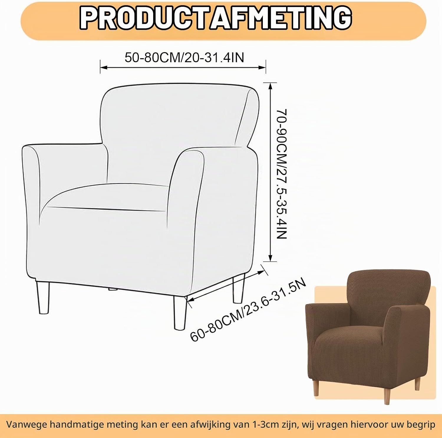 Verstelbare Stoelhoes met Armleuningen, Elastische Jacquard Hoes, Wasbaar en Verwijderbaar, Universele Bescherming voor Fauteuils en Beklede Stoelen, Ideaal voor 1-Persoons Sofas (Diep Koffie)