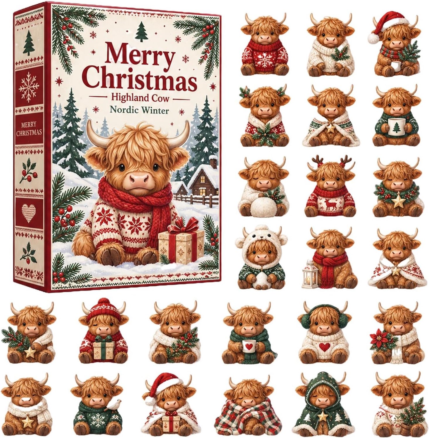 Adventskalender 24 Dagen Countdown - Rode Kleur - Schattige Koe Figuren - Voor Feestelijke Decoratie - Vemera