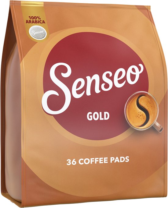 Verpakking Senseo Gold koffiepads, 36 stuks, bruin zakontwerp met 100% Arabica logo en afbeelding van koffiekopje.