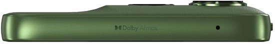 Zijaanzicht van groene Motorola smartphone met Dolby Atmos-branding.
