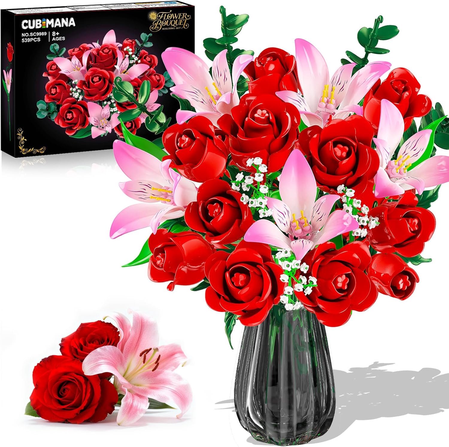 SnelShoppen - CUBIMANA Bloemen Boeket Bouwset met LED Licht - Rode Rozen & Roze Alstroemeria's, 22 Kunstbloemen voor Decoratie, Cadeau voor Vrouwen/Vo