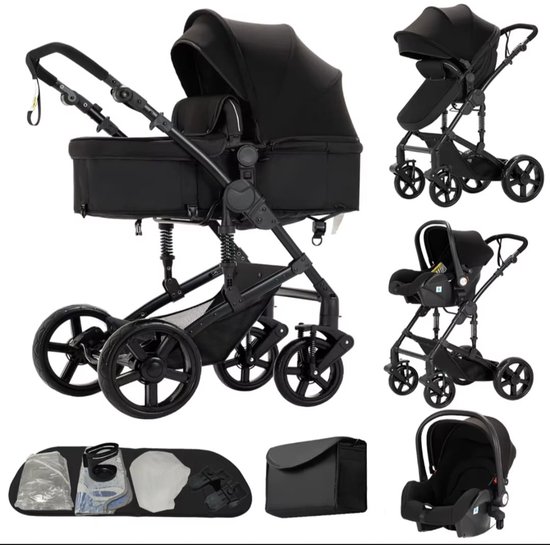 Complete set zwarte kinderwagen met autostoeltje, draagtas en diverse accessoires.