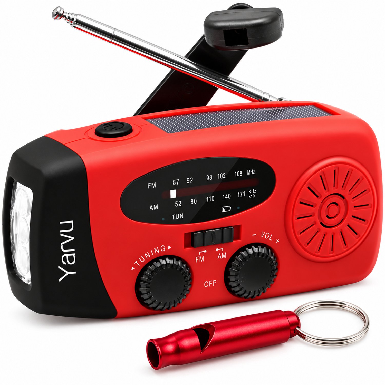 Yarvu ® Noodradio Solar Opwindbaar + Noodfluit - Op Accu - Aanzwengelen - Solar - SOS Sirene - FM AM Radio - Rood
