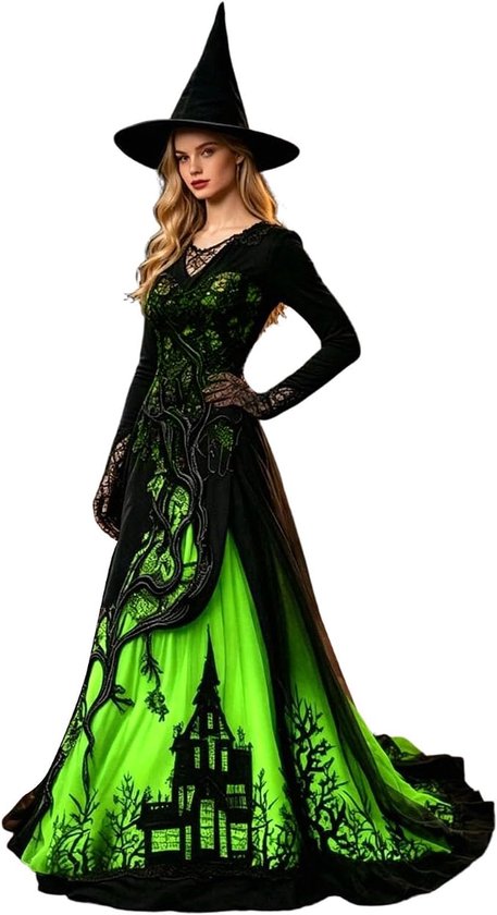 Robe de sorcière noire et verte avec motif maison hantée et arbres, manches longues et chapeau, sur fond blanc.
