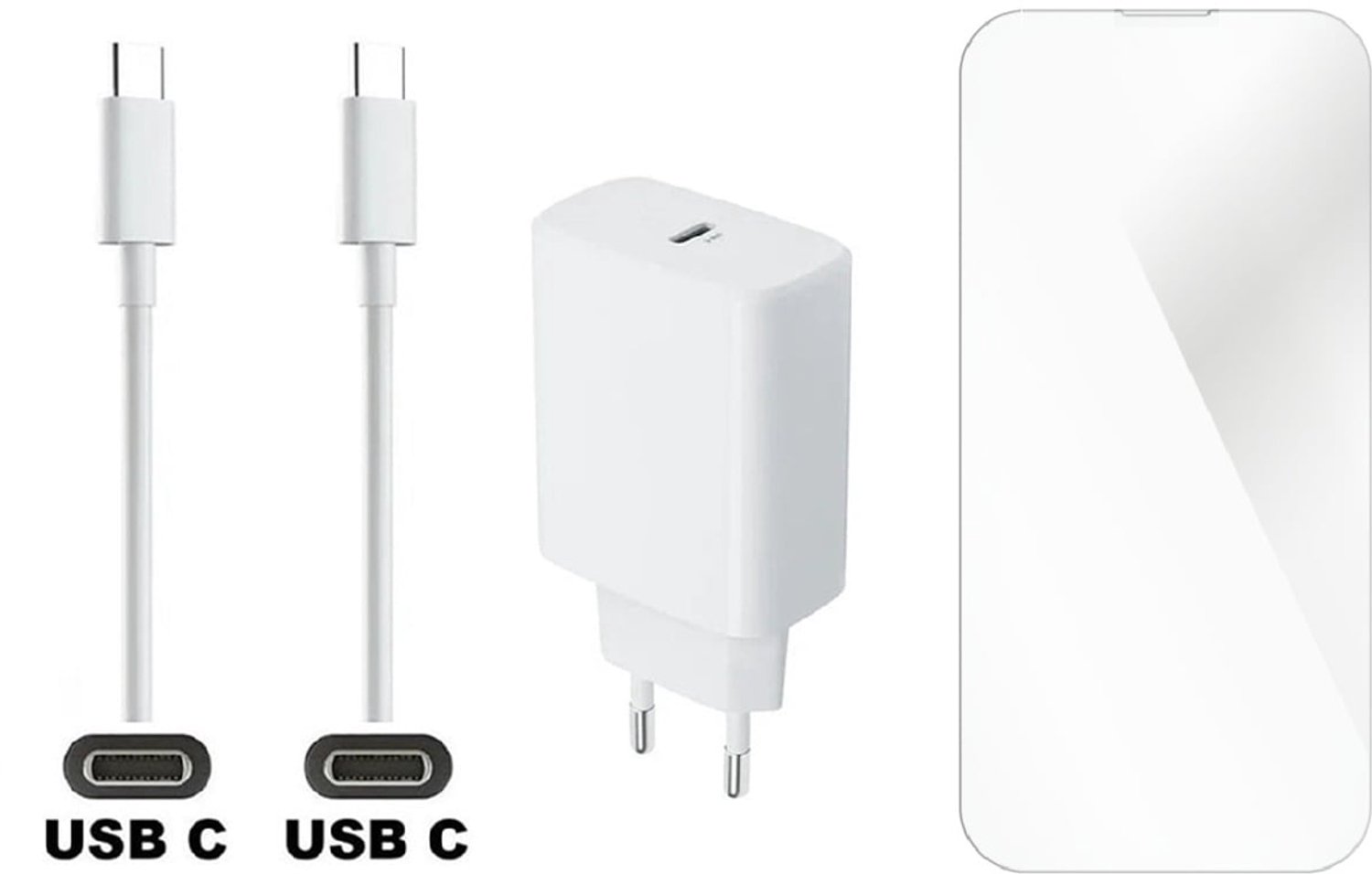 OneOne 25W super snellader en screenprotector van glas voor iPhone Air. Oplader met sterke 1,5m USB C naar C kabel. Krachtige witte PD PPS lader adapter. Screenprotector past op Apple iPhone Air