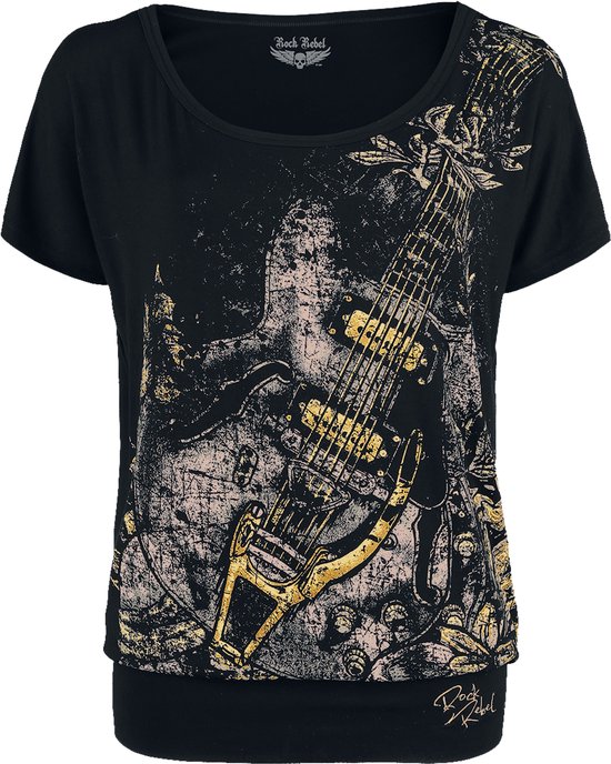 Zwart T-shirt met wijde ronde hals en een gedetailleerde gitaarprint in goud en grijs.