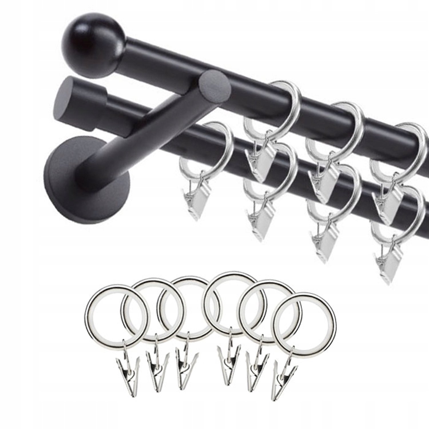 Dubbele zwarte metalen gordijnroede 600cm, 19mm, compleet met steunen