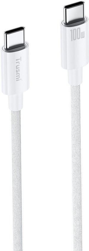 Witte gevlochten USB-C naar USB-C oplaadkabel met 'Trusmi' en '100W' tekst op de connectoren.