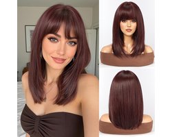 WOKESTAR Staright Wig with Fringe Synthetic Medium Long Layered Wigs for Women Wine Red Color - ShopVlot