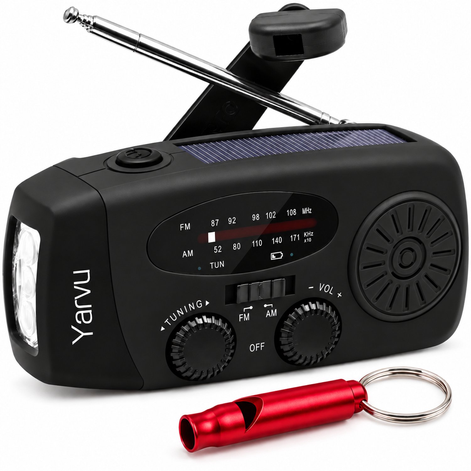 Yarvu ® Noodradio Solar Opwindbaar + Noodfluit - 2000mAh - Powerbank - LED Zaklamp - Op Accu - Aanzwengelen - FM AM Radio - Solar - Zonne Energie - SOS Sirene - Zwart